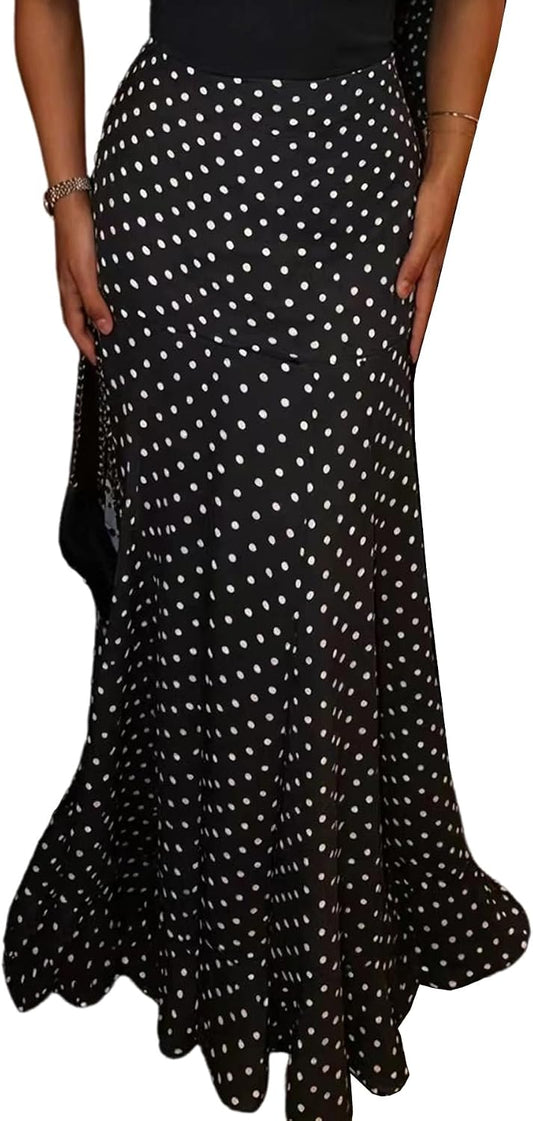 Women's Chiffon Polka Dot Maxi Skirt Ruched Mermaid Ruffle Skirts