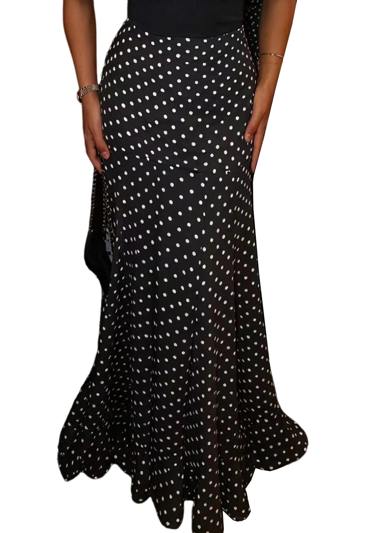 Women's Chiffon Polka Dot Maxi Skirt Ruched Mermaid Ruffle Skirts