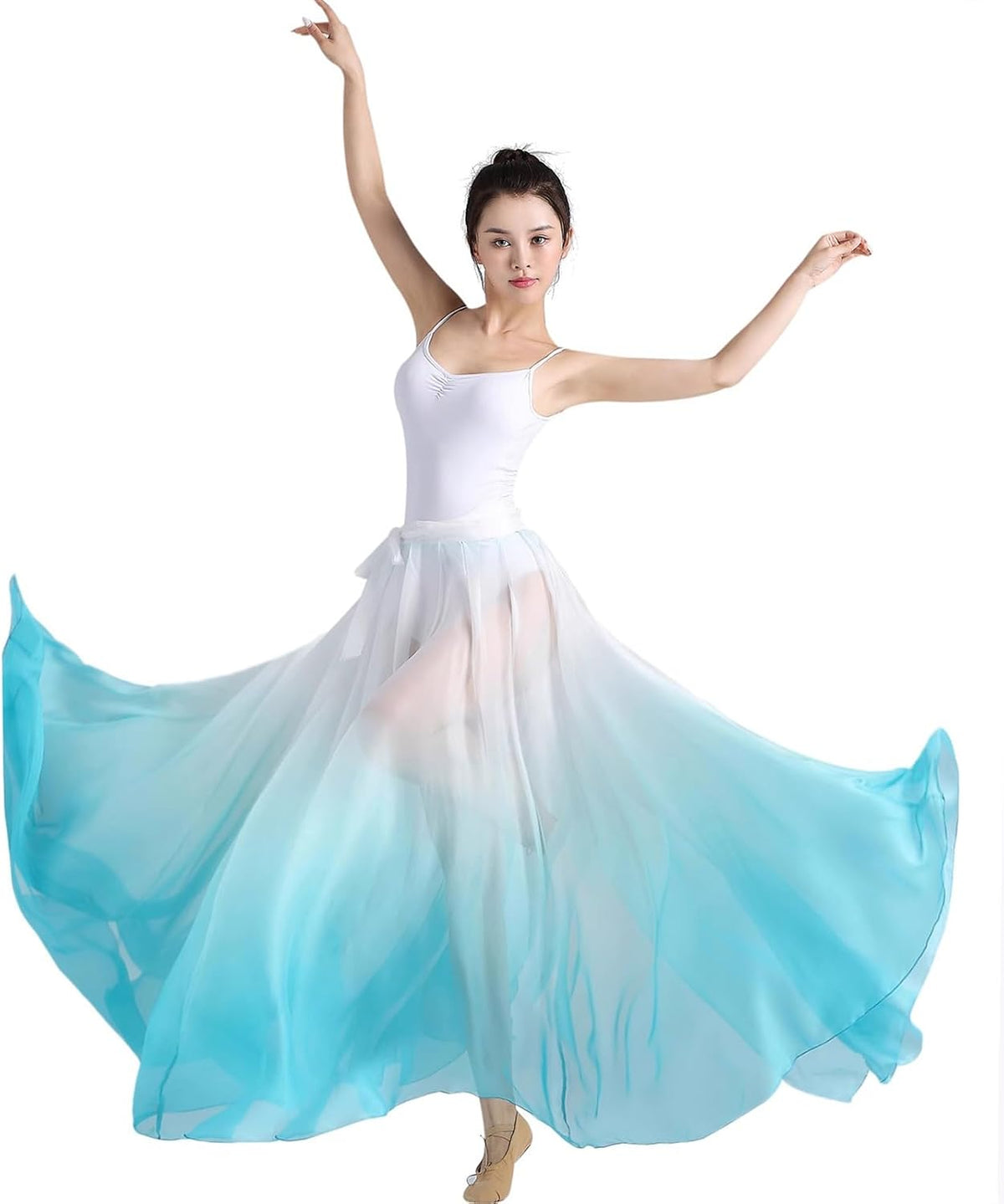 Women's Lyrical Dance Skirt Gradient Color Chiffon Long Swing Sheer Wrap Skirts for Modern Ballet Performance