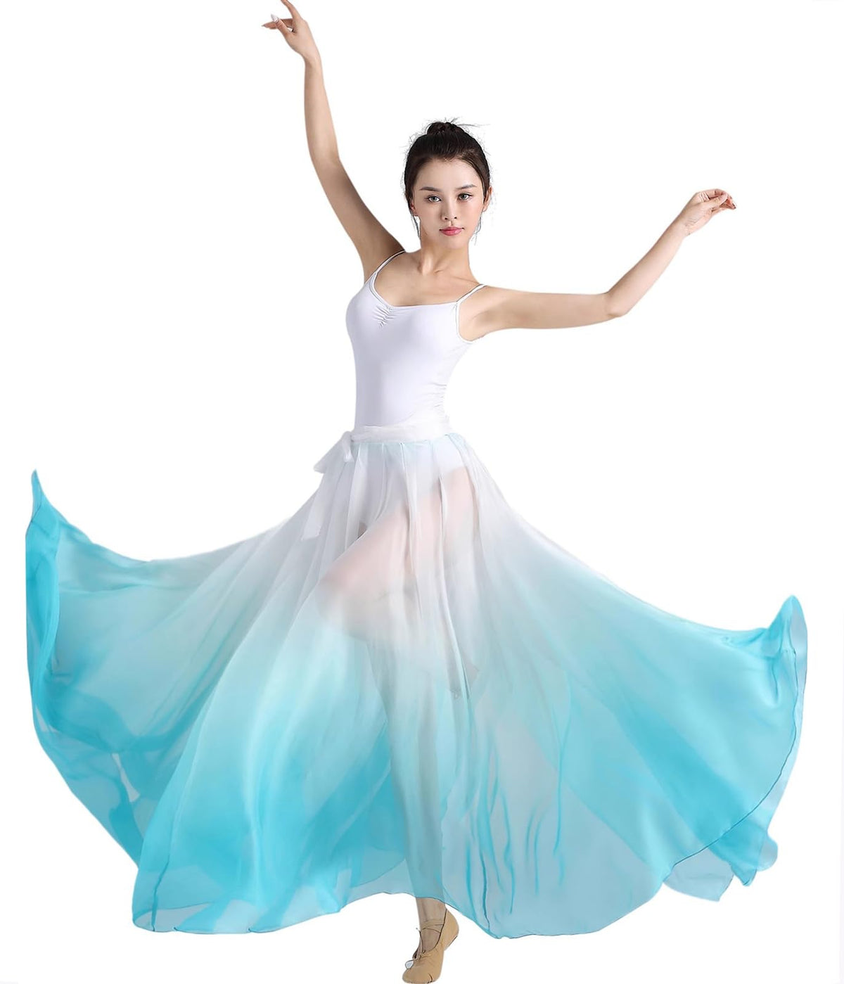 Women's Lyrical Dance Skirt Gradient Color Chiffon Long Swing Sheer Wrap Skirts for Modern Ballet Performance