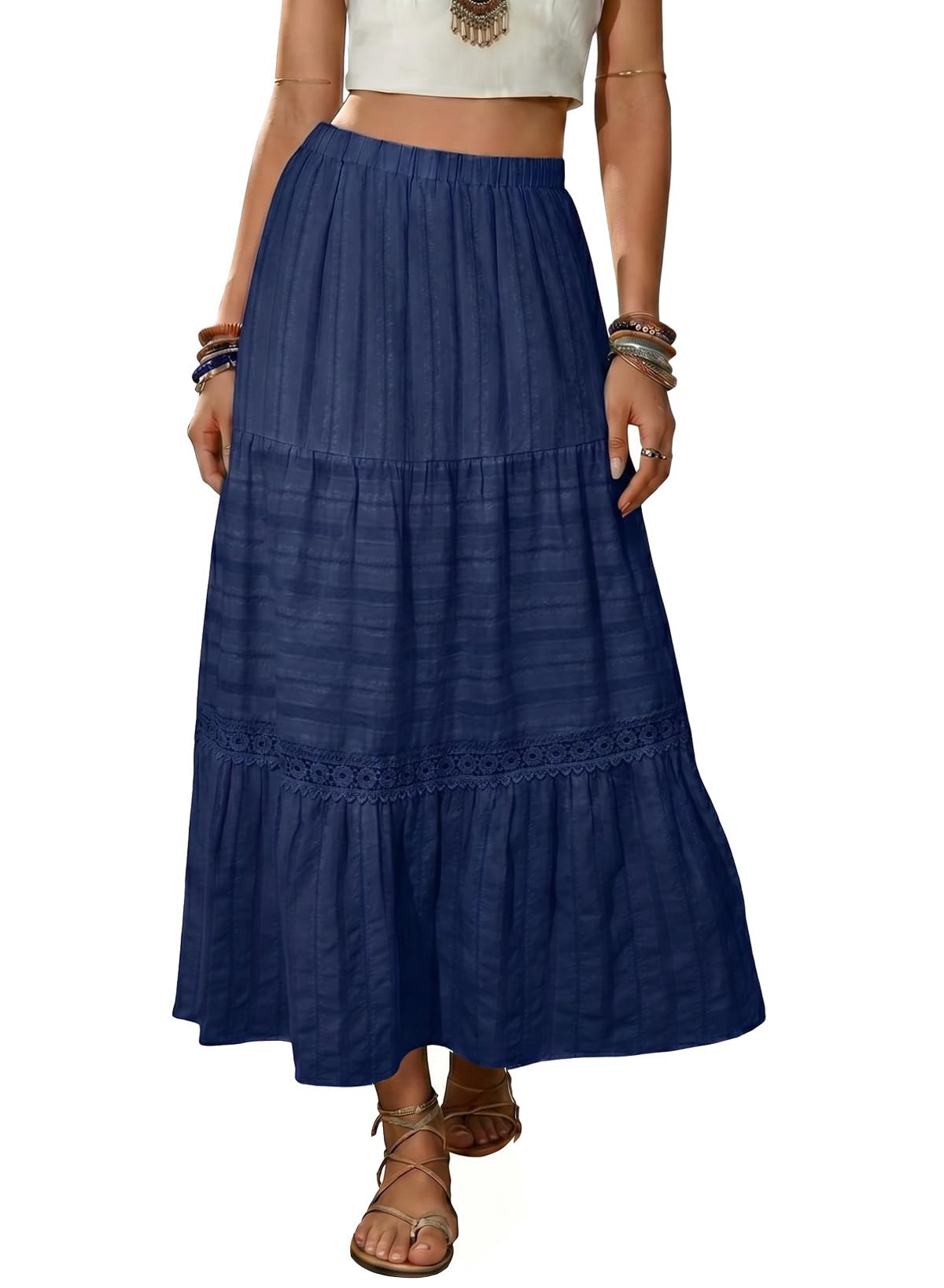 BLENCOT Women's Boho Tiered High Waisted Cotton Long Flowy Skirt