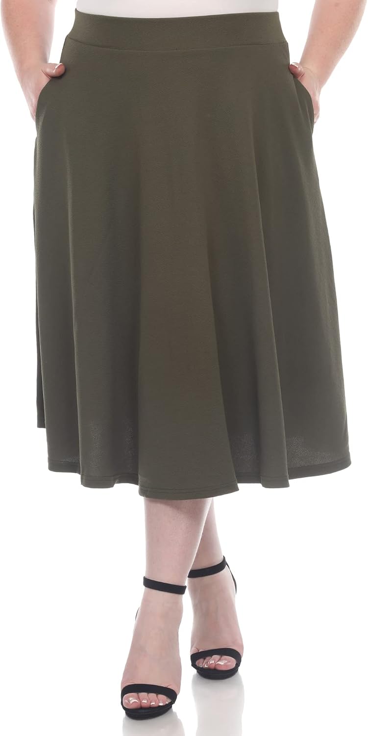 White Women's Plus Size Flared Midi Skirt with Pockets