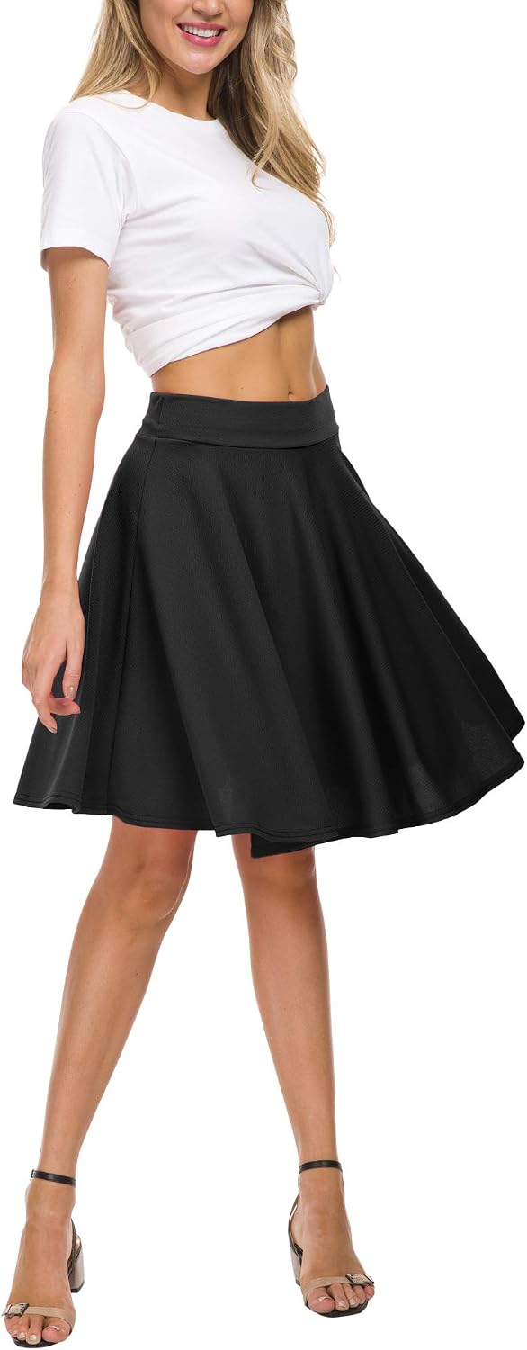 EXCHIC Women's Casual Stretchy Flared Mini Skater Skirt Basic A-Line Pleated Midi Skirt