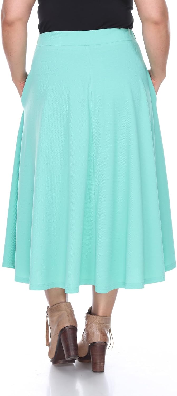 White Women's Plus Size Flared Midi Skirt with Pockets