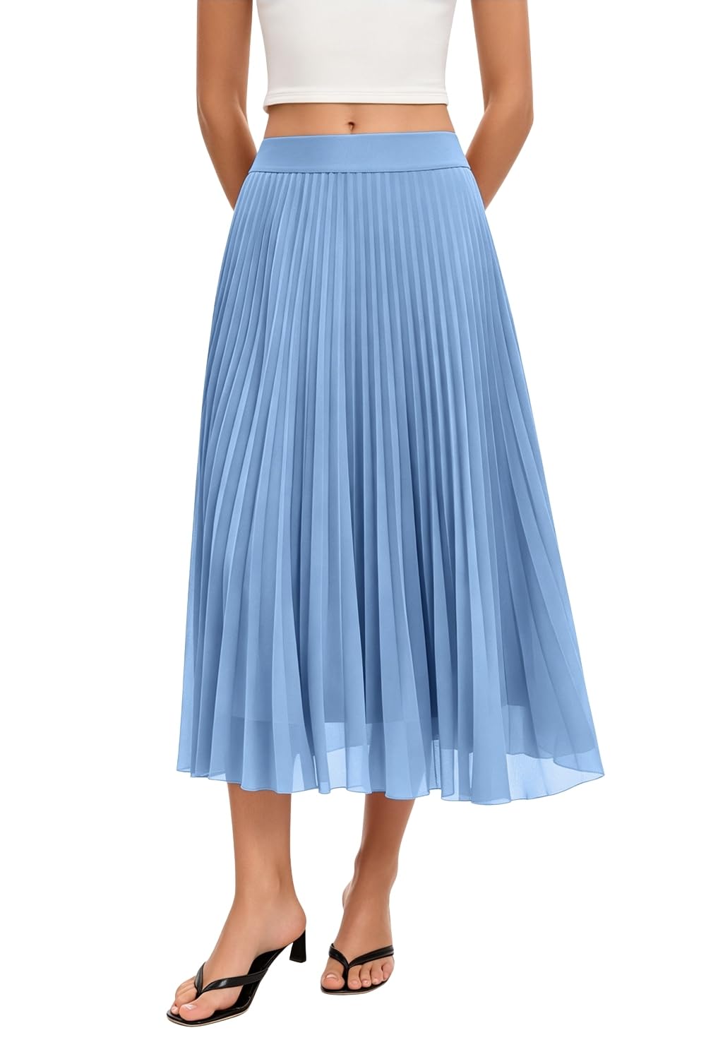 QINSEN Women's Elegant Flowy Pleated Chiffon Skirts Summer A-line Swing Midi Skirts Casual Elastic Waist Soft Lining