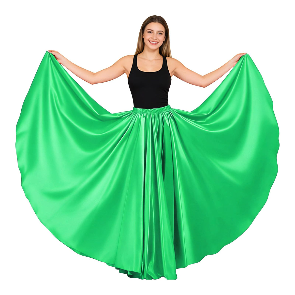 Women Satin Full Circle Ankle Length Swing Long Skirt Maxi Shiny Skirt for Party Cosplay Belly Dance Performance Costume