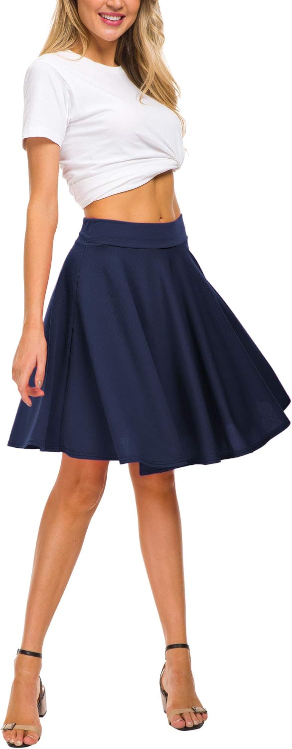 EXCHIC Women's Casual Stretchy Flared Mini Skater Skirt Basic A-Line Pleated Midi Skirt
