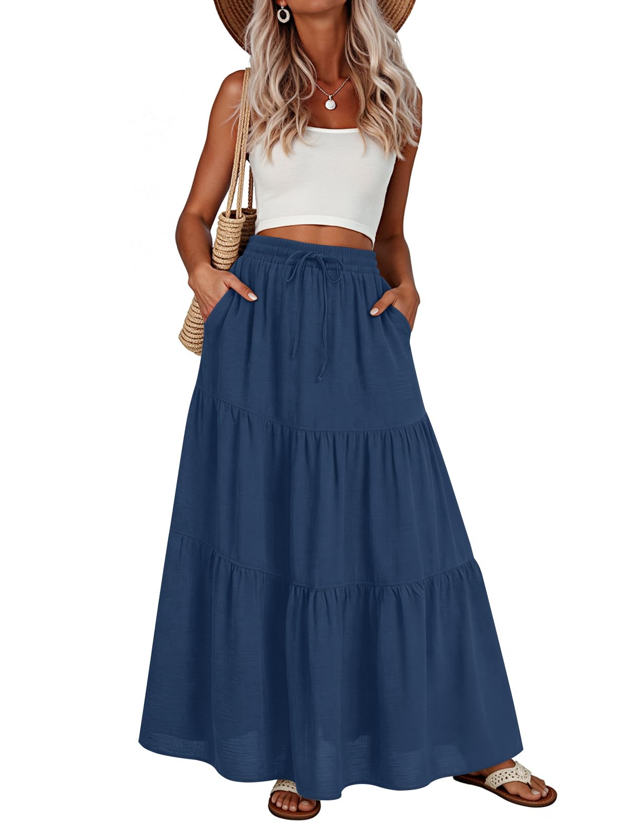 Addtoo Womens Maxi Skirt Pleated Tiered A-Line Elastic Waist Midi Skirt