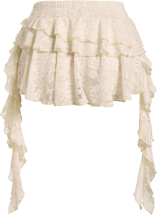 BEAUDRM Women's Y2k Boho Lace Ruffle Mini Skirt Asymmetrical Concert Outfit