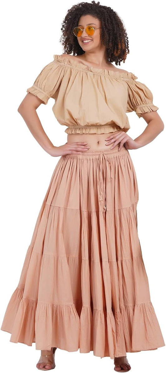 Wevez® Women's Plus Size Maxi Skirt Gypsy 25 Yard Long Flowy Solid Color Cotton Renaissance Skirt
