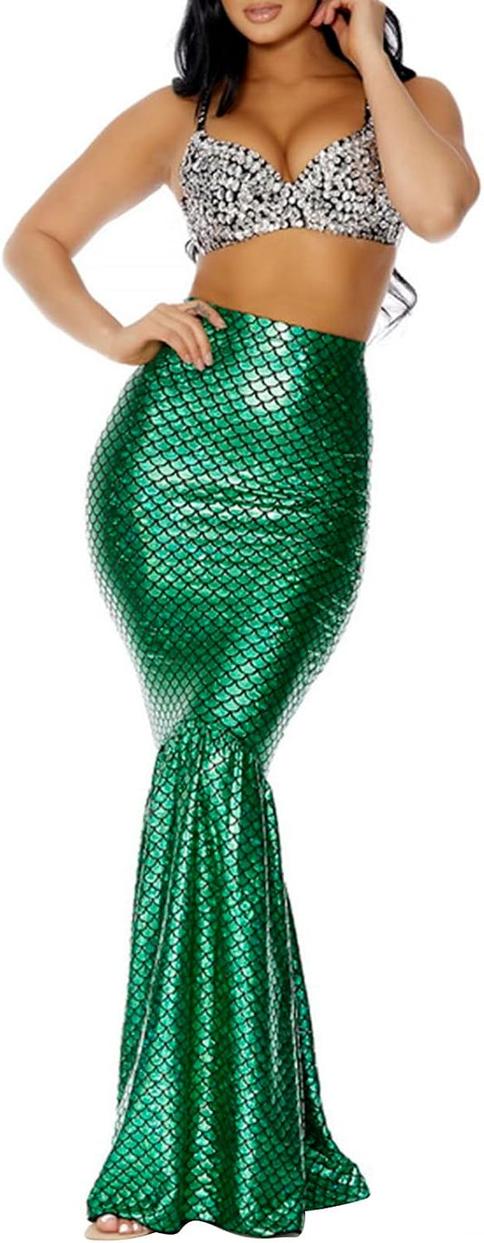 Women's Halloween Mermaid Costume Skirt Sexy High Waisted Fish Tail Skirt Cosplay Fancy Sequins Fishtail Long Skirt