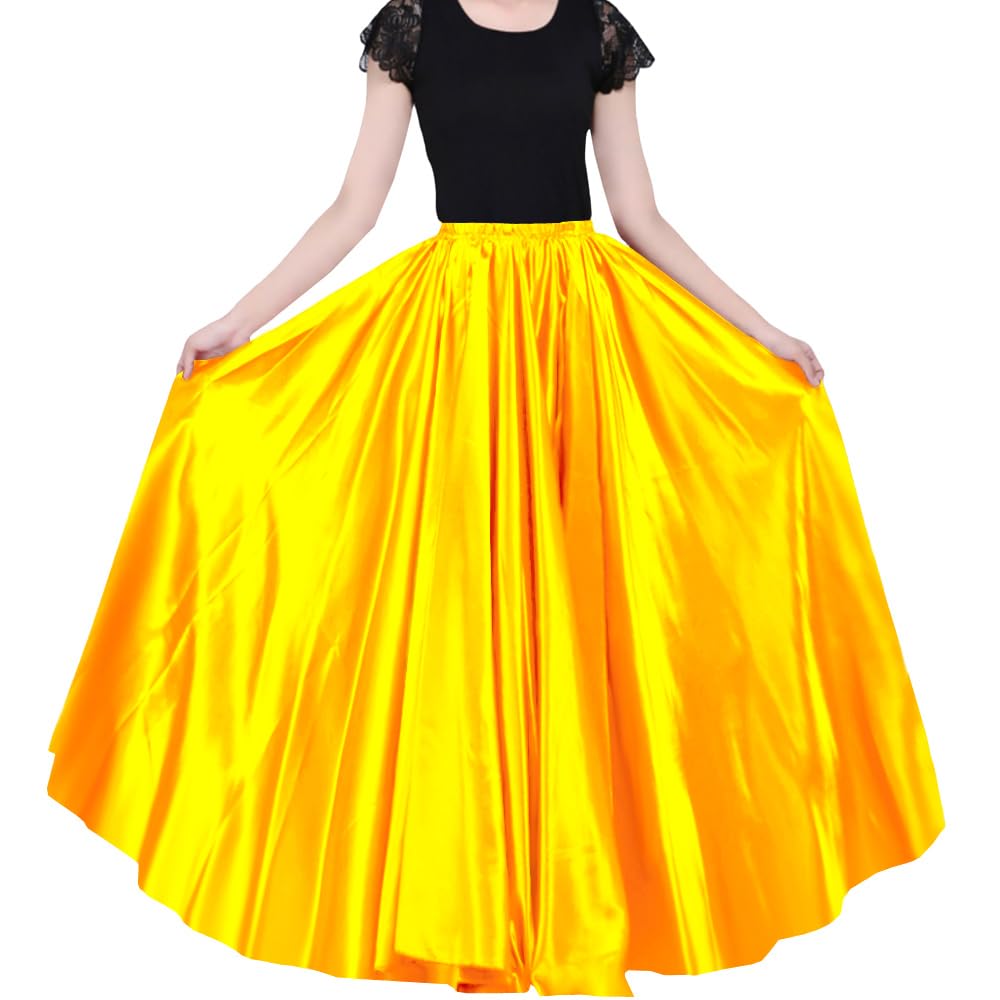 Ladies 90cm Satin Maxi Midi Skirt Long Dress Elastic Waist for Belly Dance Princess Party Cosplay Costume
