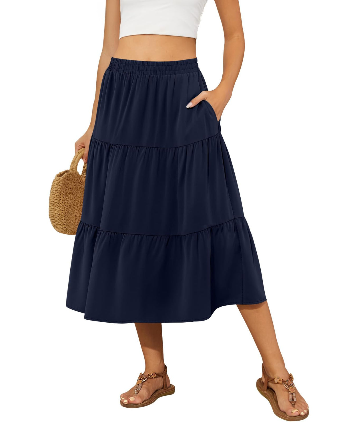 DouBCQ Women's Midi Skirt Flowy Tiered Ruffle High Waist Skirts
