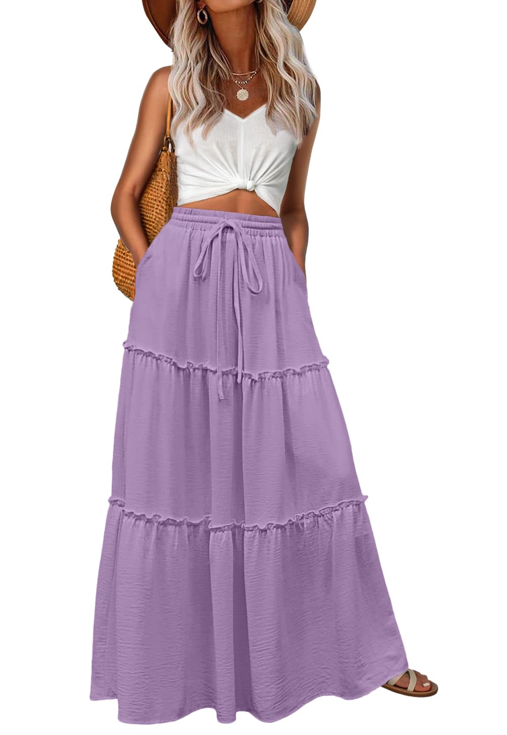 Lepunuo Womens Casual Boho High Waisted Flowy Maxi Skirts Tiered Floral Long Skirts with Pockets for Summer Beach Vacation