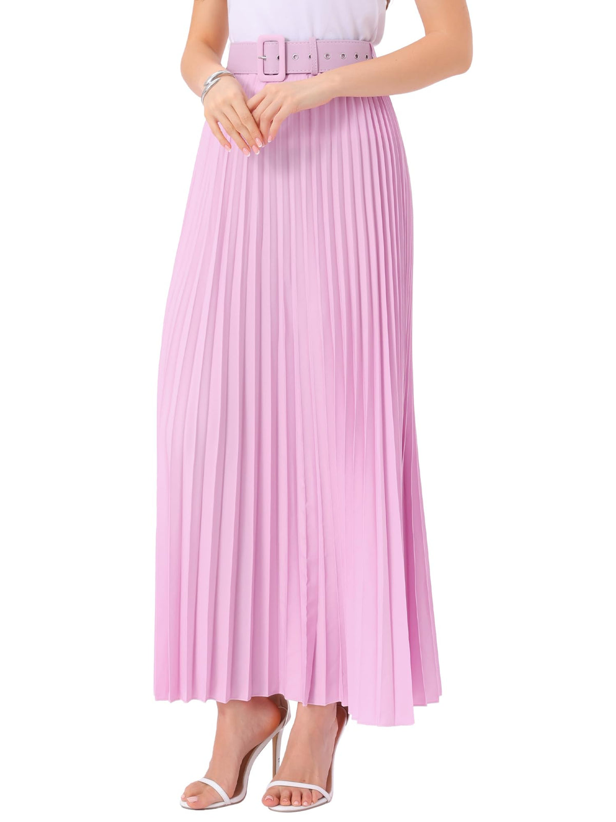 Allegra K Women High Waist Elastic Flowy A-Line Maxi Pleated Skirt