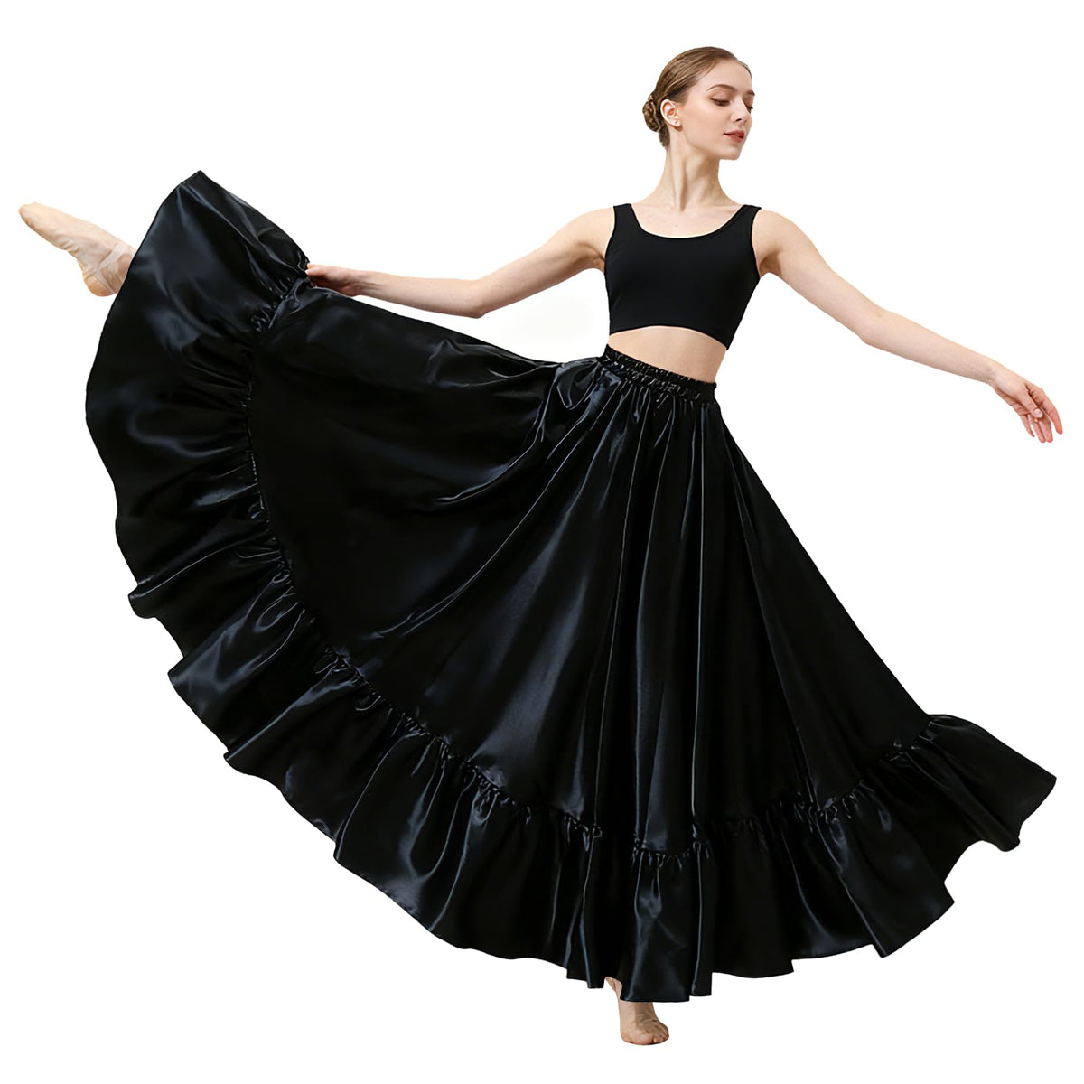 Satin Belly Dance Skirt for Women Maxi Midi Dress Circle Skirt Elastic Waist Stage Performance Holiday Party Dance Skirts