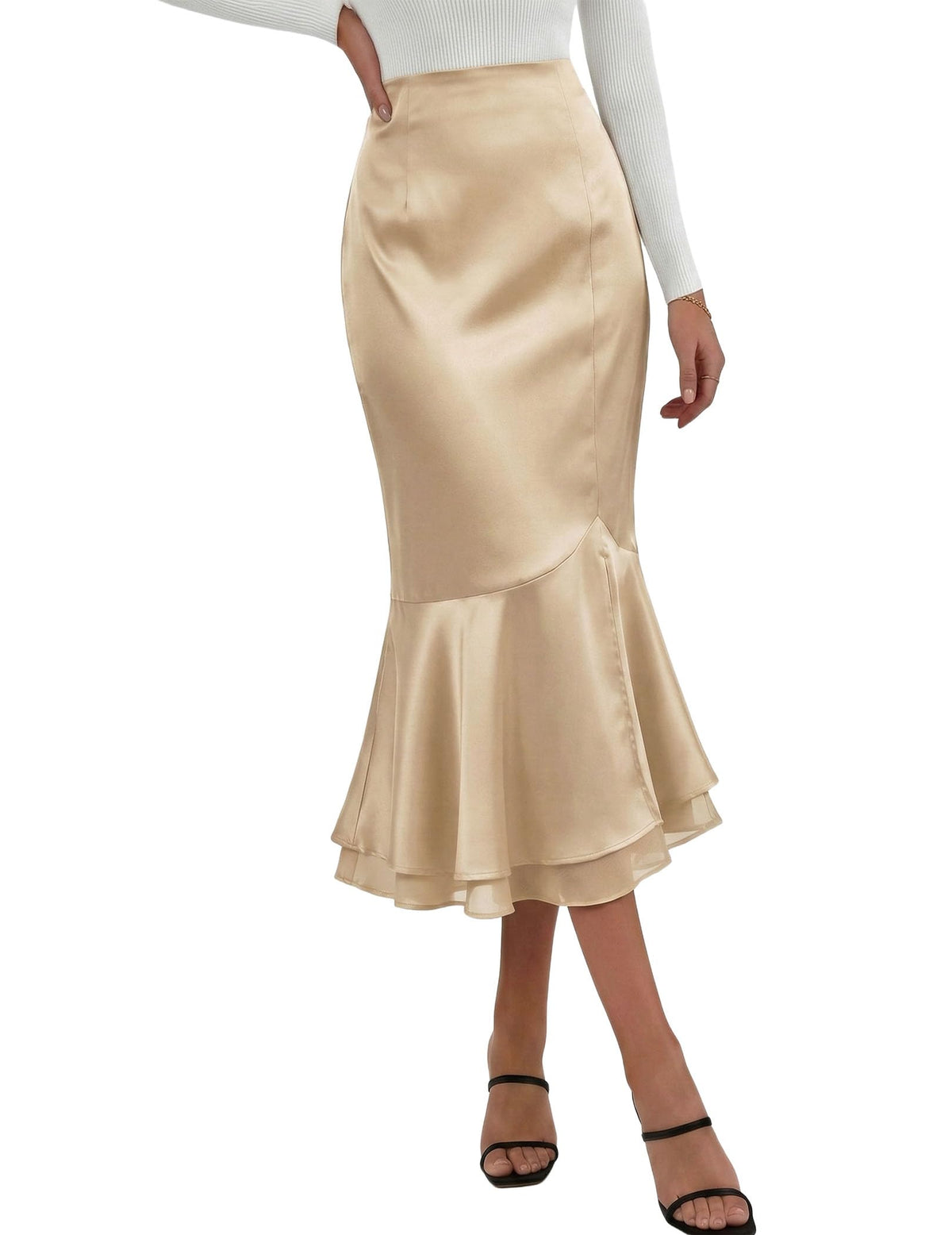 DERAX Womens Satin Silk Mermaid Midi Skirt High Waisted Fishtail Skirts