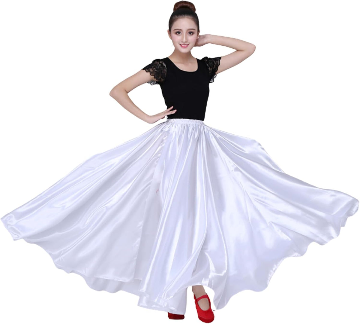 Dance Skirts for Women Satin Full Circle Ankle Length Swing Long Skirt Women Maxi Shiny Skirt for Party Costume Belly Dance