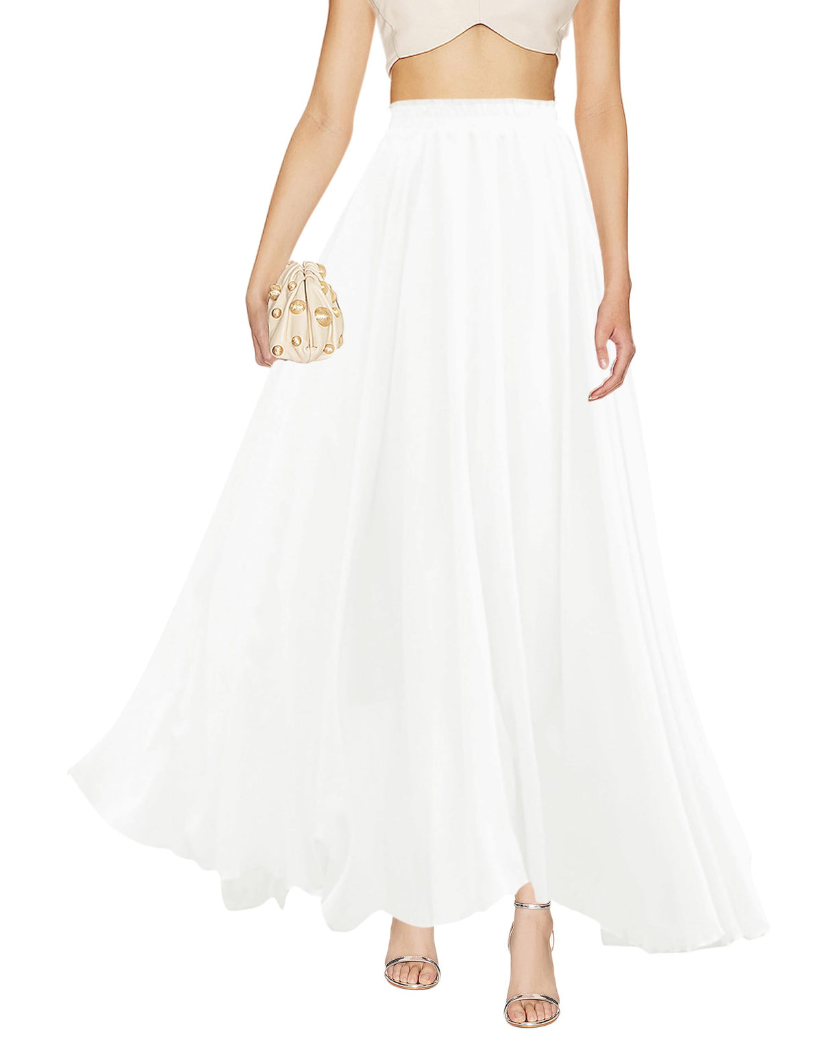 v28 Women Full/Ankle Length Elastic Pleated Retro Maxi Chiffon Long Skirt
