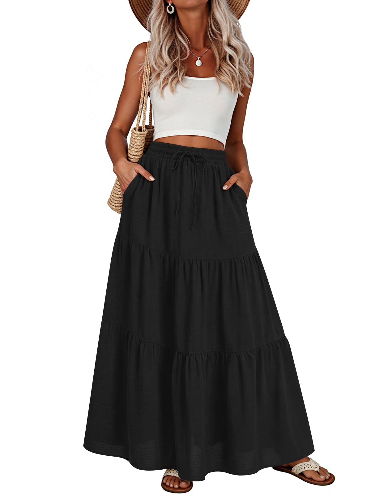 Addtoo Womens Maxi Skirt Pleated Tiered A-Line Elastic Waist Midi Skirt