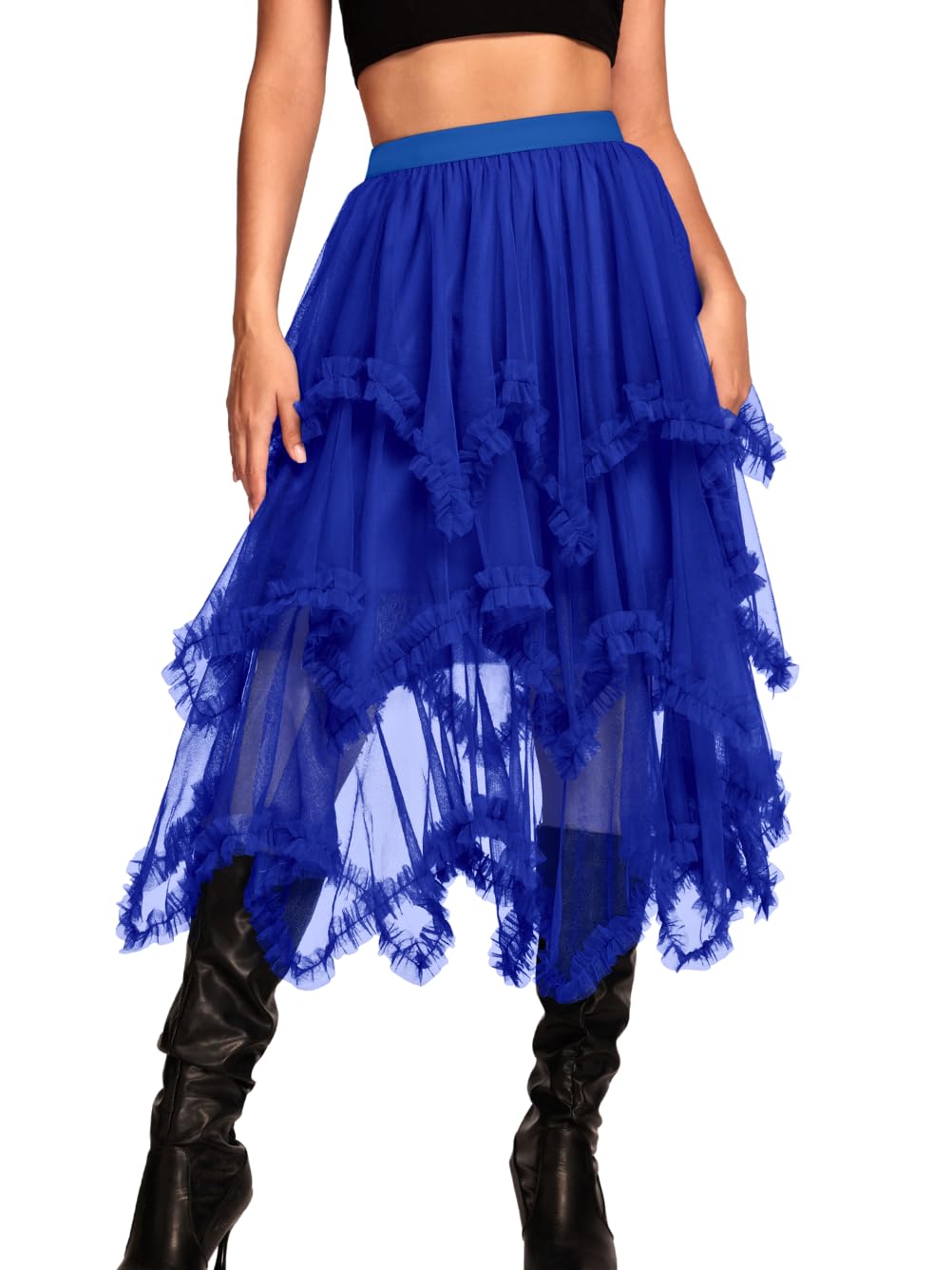 Kaei&Shi Long Tulle Skirt,Asymmetrical Ruffle Hem,Renaissance Fairy Costume