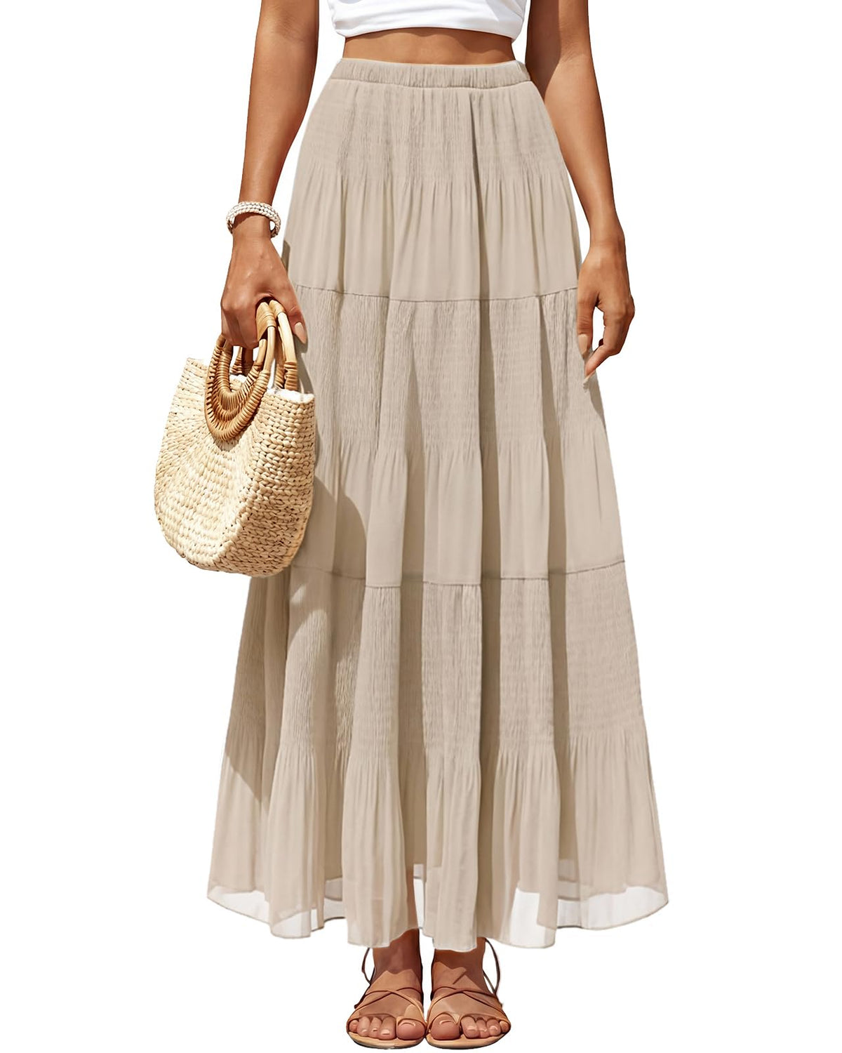 Women's Chiffon Pleated Maxi Skirt High Waist White Long Skirts