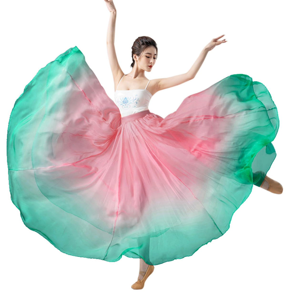 Z&X Women's Lyrical Dance Skirt Gradient Color Chiffon Long Swing Sheer Wrap Skirts for Modern Ballet Performance