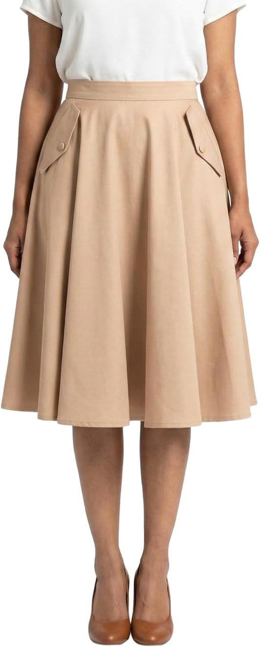 Tatyana Delilah Circle Skirt, Cotton Blend, Vintage Style with Patch Pockets, Full Circle Design, Camel or Red, XS-4X