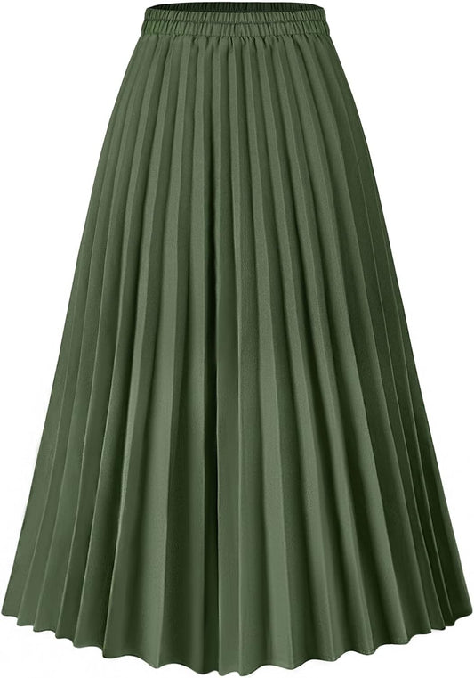 Basoteeuo Womens Skirt Leopard Print Midi Long Shirring Pleated Skirts High Waisted A Line Skirts