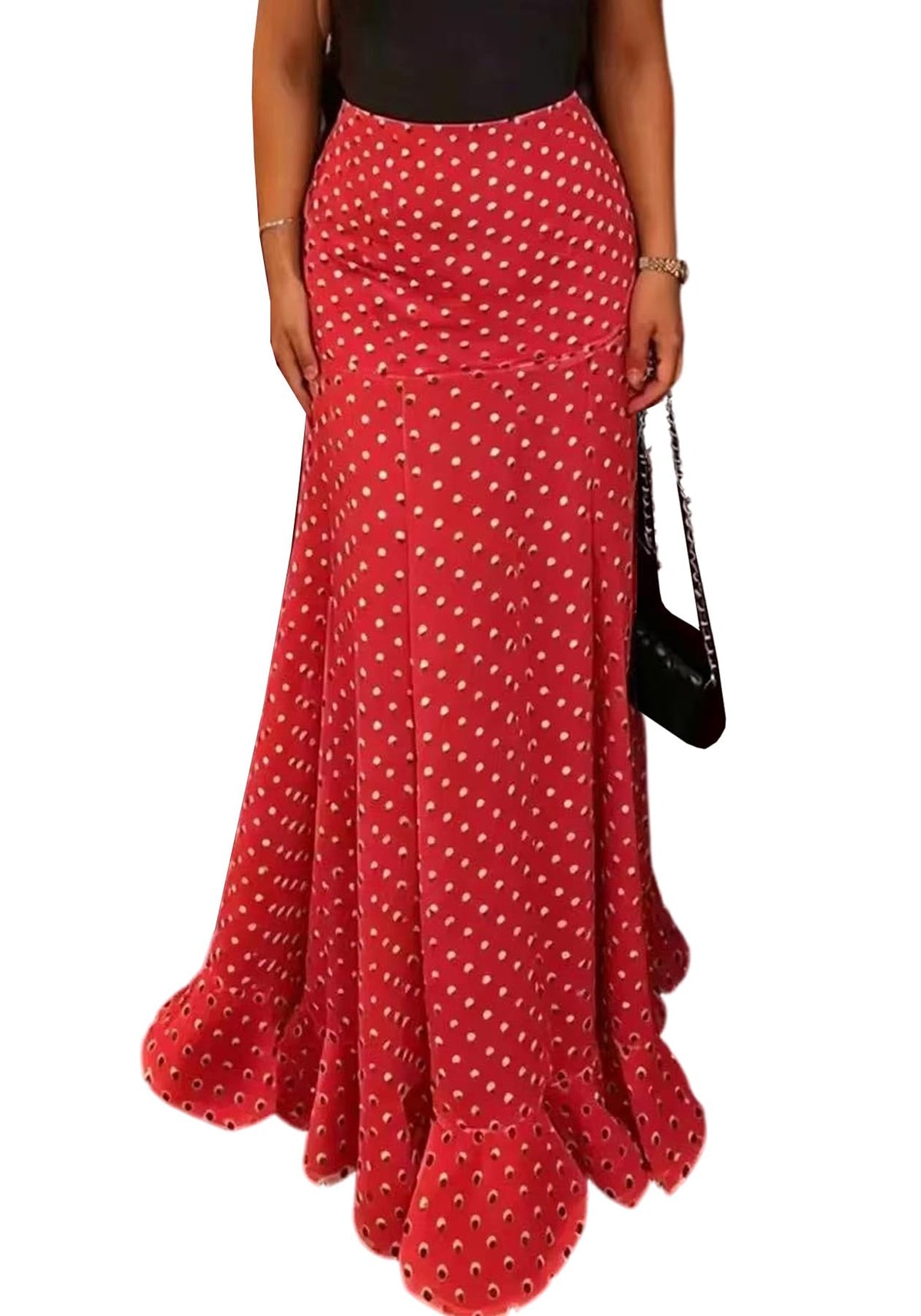 Women's Chiffon Polka Dot Maxi Skirt Ruched Mermaid Ruffle Skirts