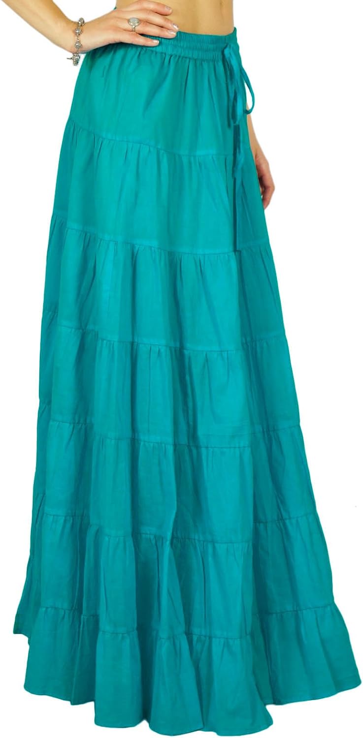 Solid Long Maxi Cotton Beach Wear Skirt For Women Elastic Waist Skirt Summer Wear