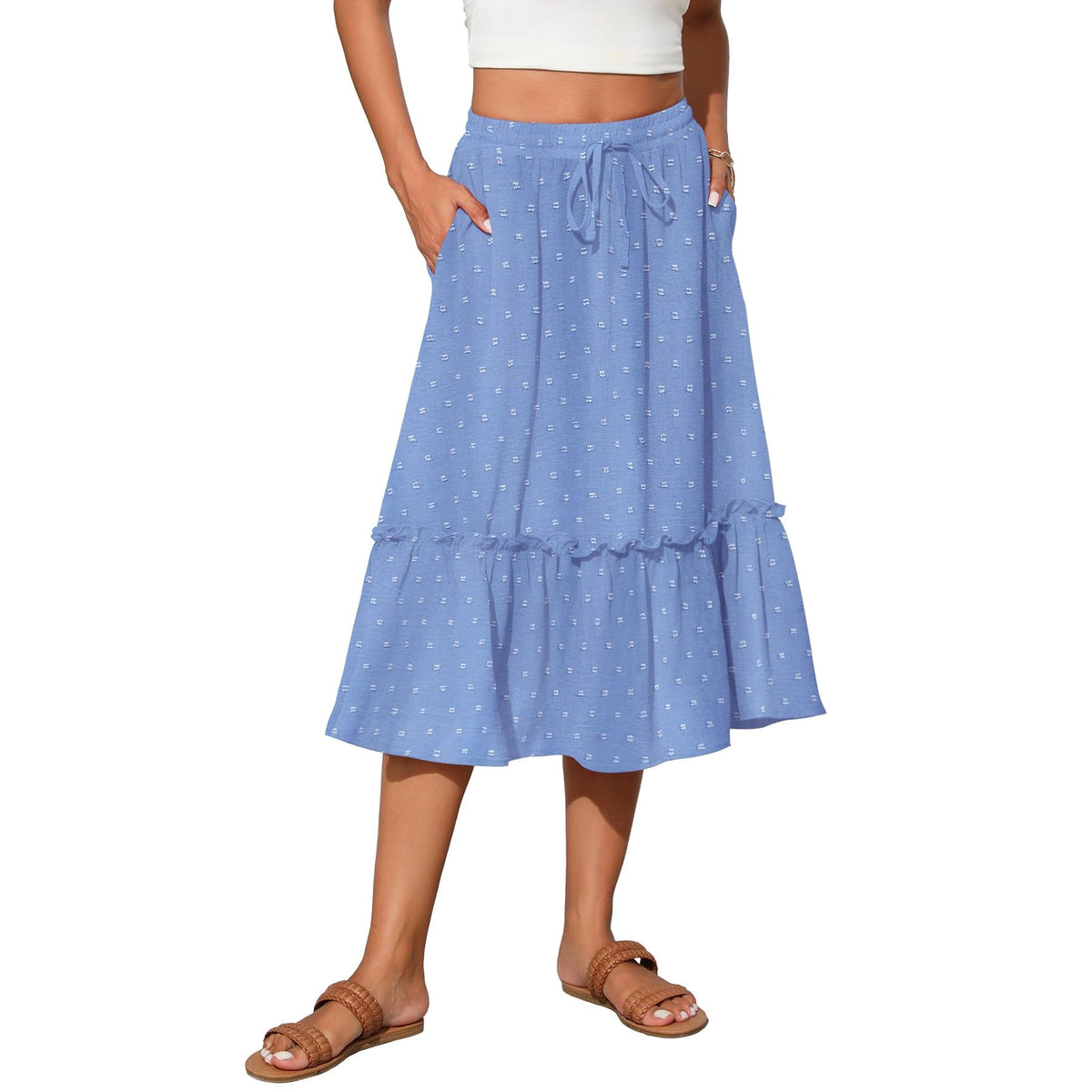 Witsmile Womens High Waist Tiered Midi Skirt Flowy Long Length with Pockets