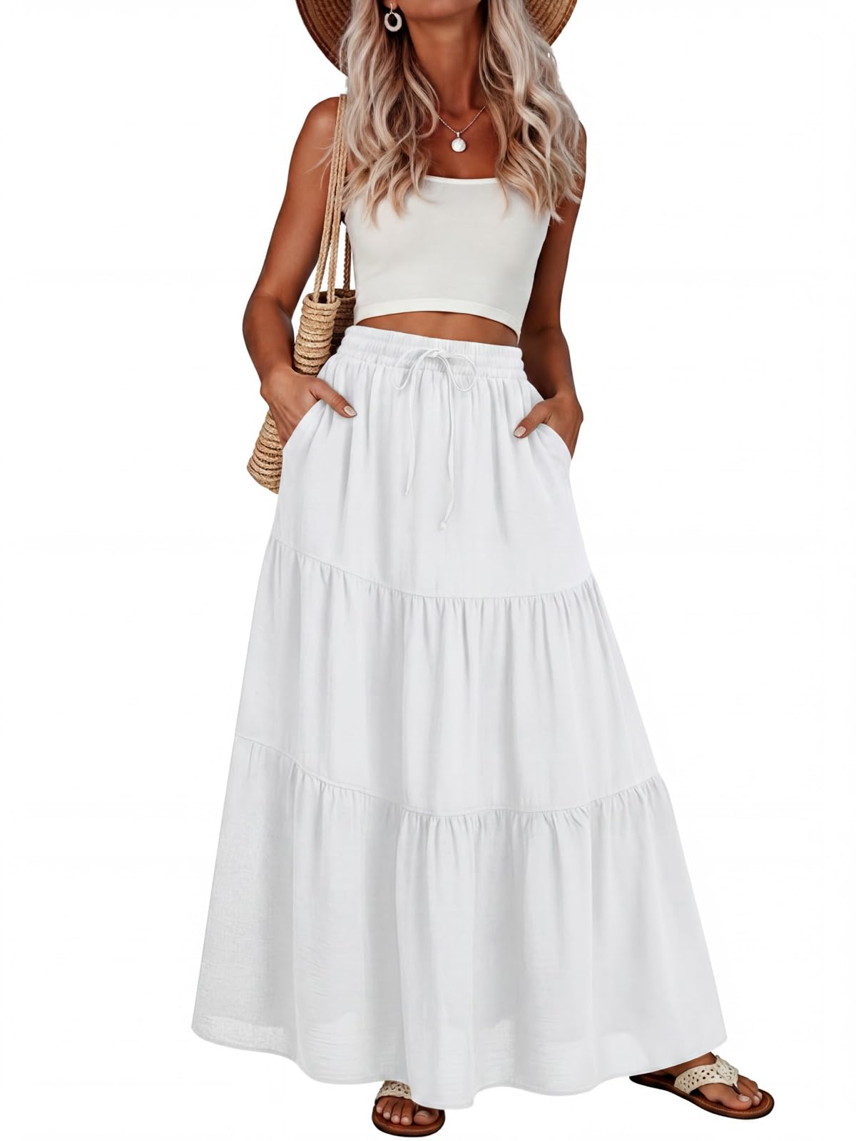 Addtoo Womens Maxi Skirt Pleated Tiered A-Line Elastic Waist Midi Skirt