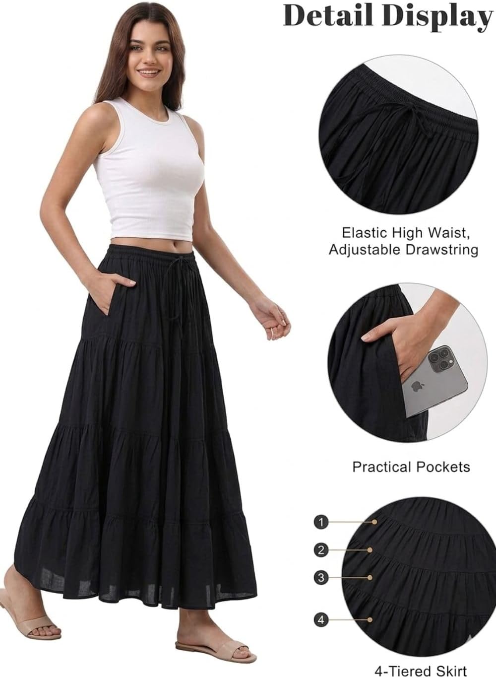 Soft Cotton Renaissance Faire Long Skirts for Women 2026 Summer Boho Flowy Maxi Skirt with Pockets