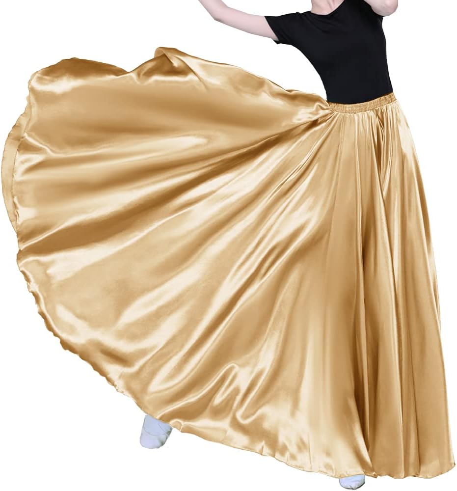Women Long Tulle Shiny Satin Maxi Flowy Dance Skirt