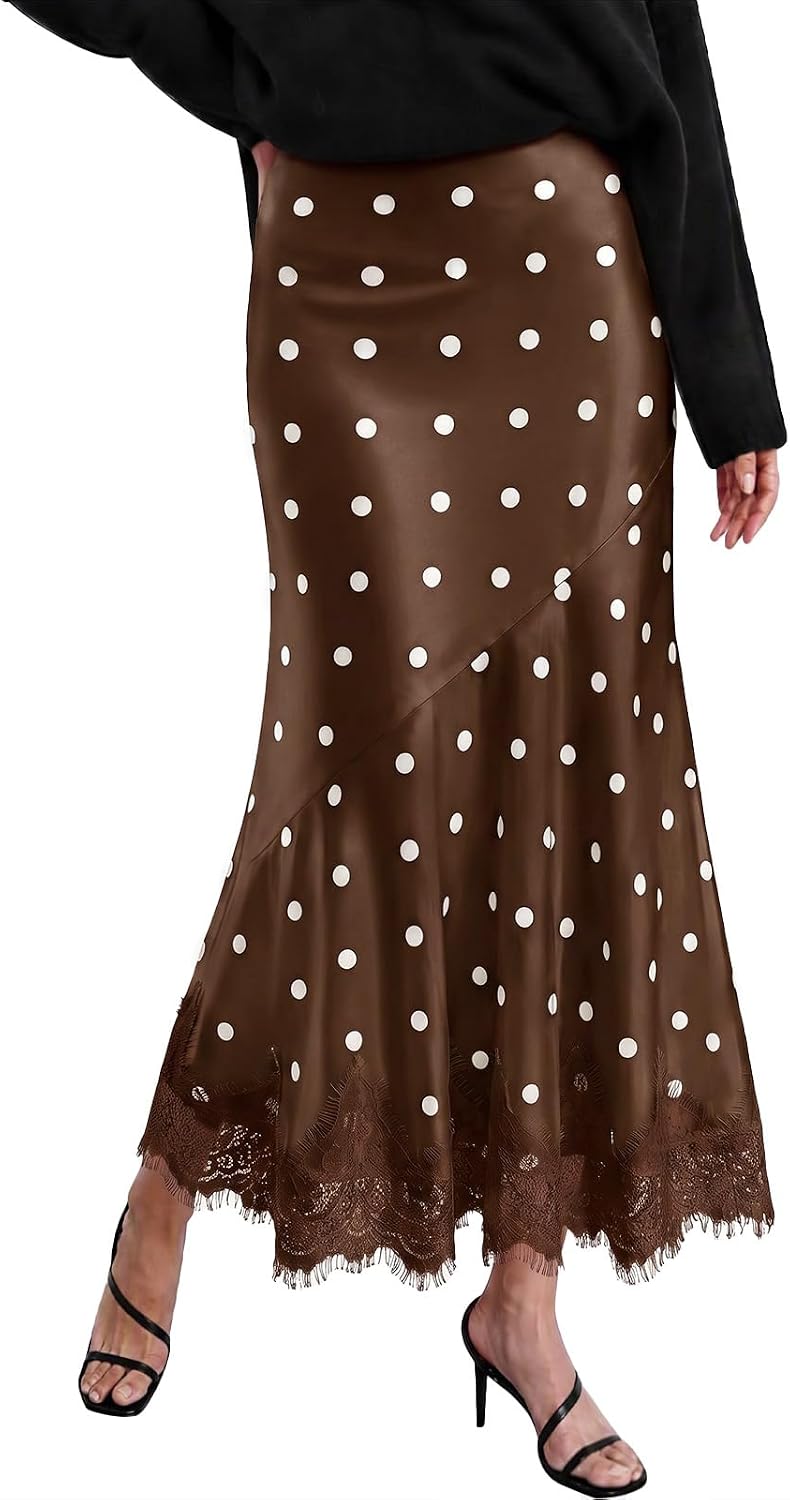 Tankaneo Womens Satin Skirt Polka Dot Silk Lace Trim Mermaid Maxi Skirt
