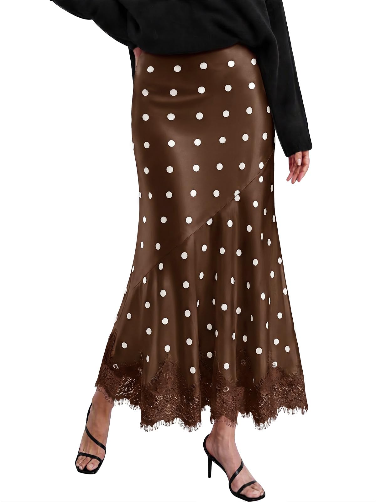 Tankaneo Womens Satin Skirt Polka Dot Silk Lace Trim Mermaid Maxi Skirt