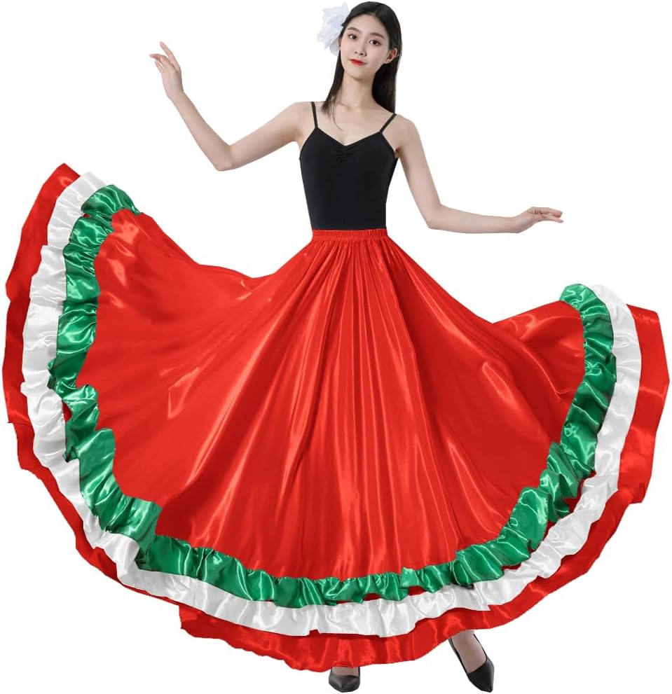 Adult Ruffles Black Red Green Maxi Long Dance Skirt