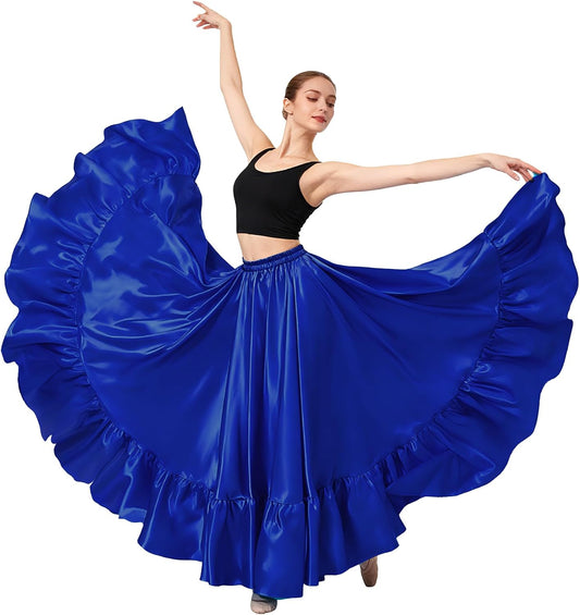 Satin Belly Dance Skirt for Women Maxi Midi Dress Circle Skirt Elastic Waist Stage Performance Holiday Party Dance Skirts