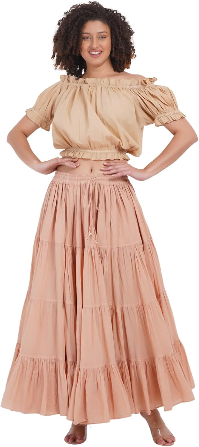 Wevez® Women's Plus Size Maxi Skirt Gypsy 25 Yard Long Flowy Solid Color Cotton Renaissance Skirt