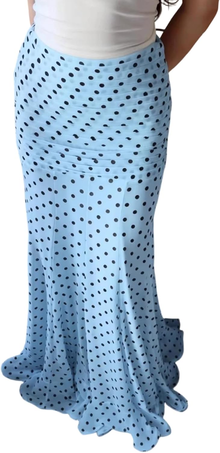 Women's Chiffon Polka Dot Maxi Skirt Ruched Mermaid Ruffle Skirts