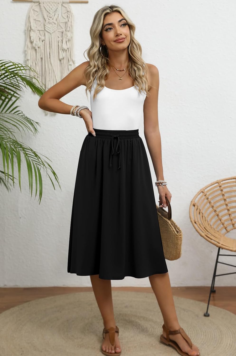MLXSJ Women's Midi Skirt Summer Pleated Flowy Skirts with Pockets S-3XL