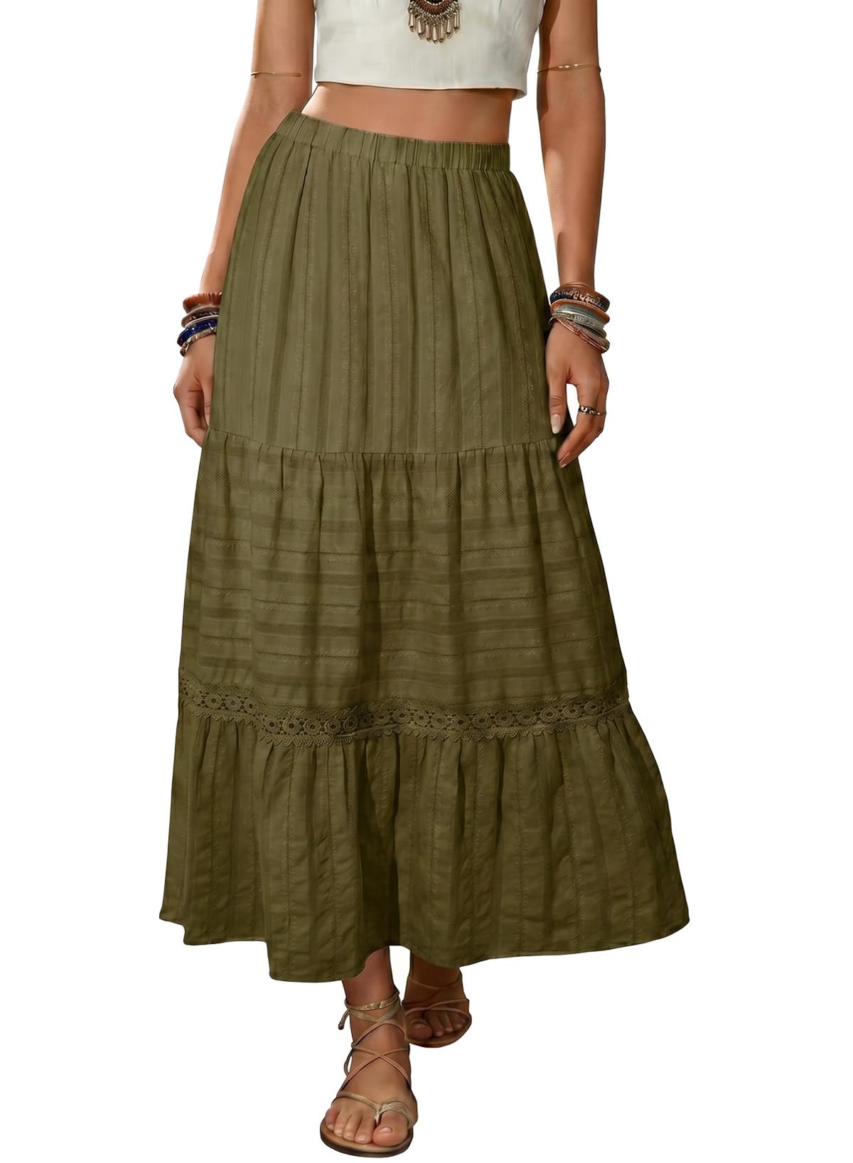 BLENCOT Women's Boho Tiered High Waisted Cotton Long Flowy Skirt
