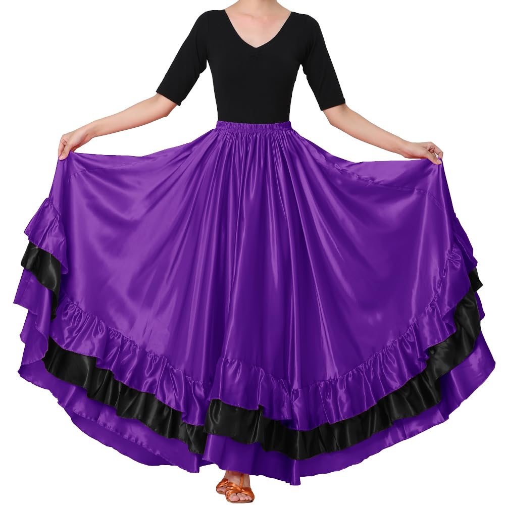 Women Black Red Layers Satin Long Skirt for Spanish Flamenco Belly Dance Mexico Ballet Folklorico Performance