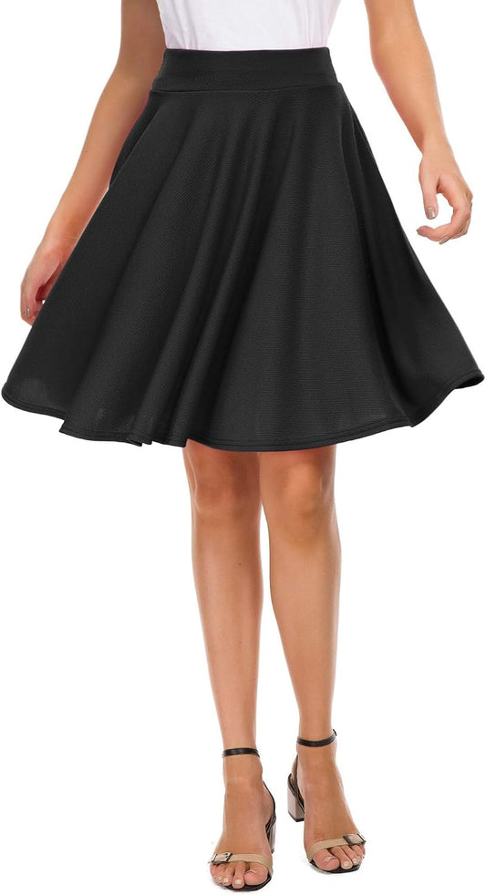 EXCHIC Women's Casual Stretchy Flared Mini Skater Skirt Basic A-Line Pleated Midi Skirt