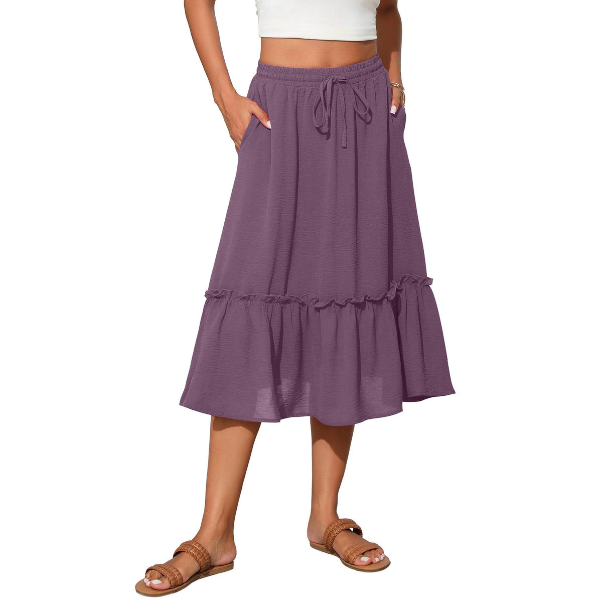 Witsmile Womens High Waist Tiered Midi Skirt Flowy Long Length with Pockets