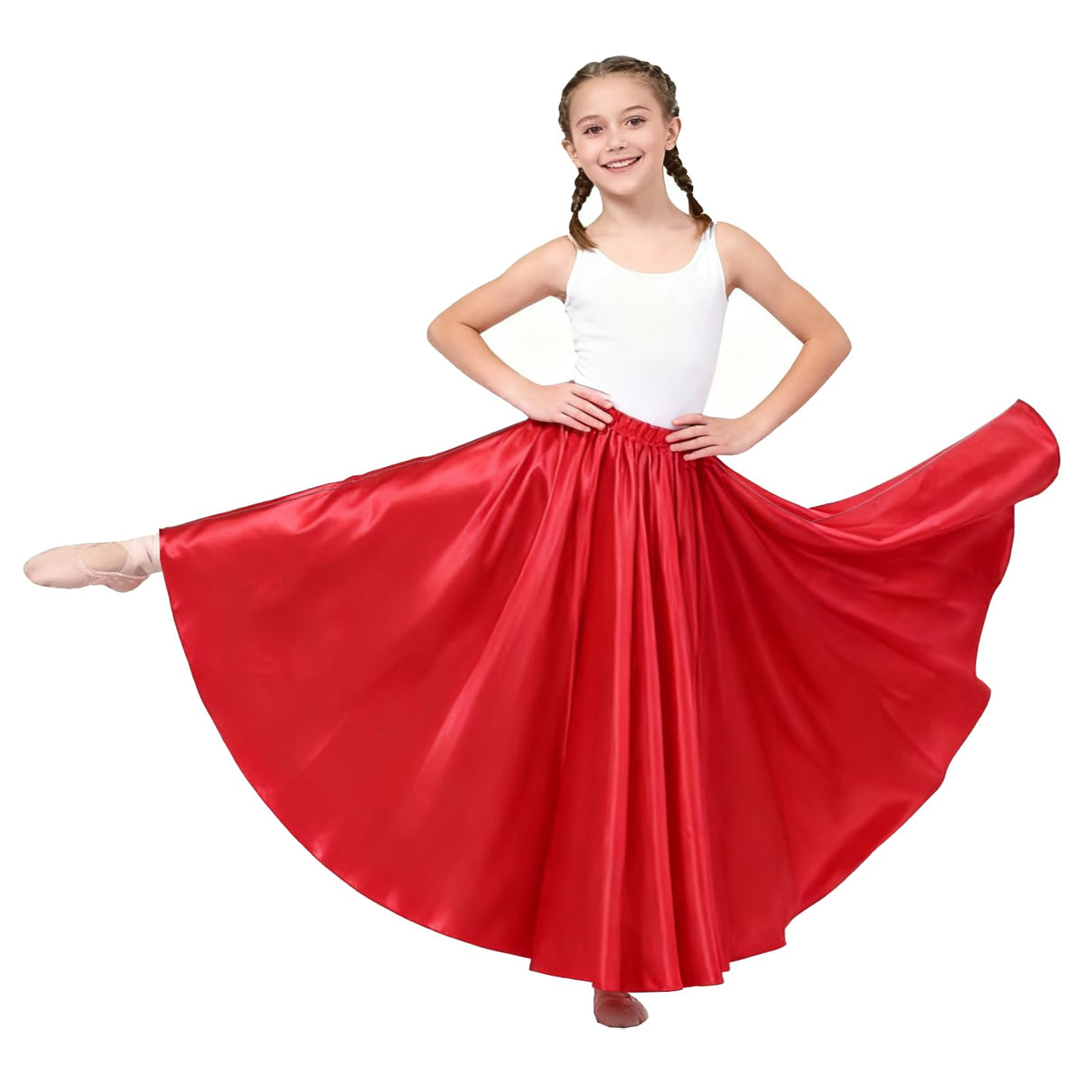 Girls Satin Ankle Length Swing Dance Full Circle Dance Skirt
