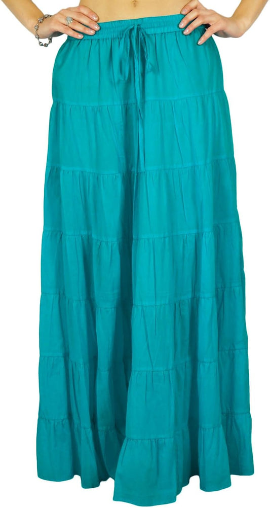 Solid Long Maxi Cotton Beach Wear Skirt For Women Elastic Waist Skirt Summer Wear