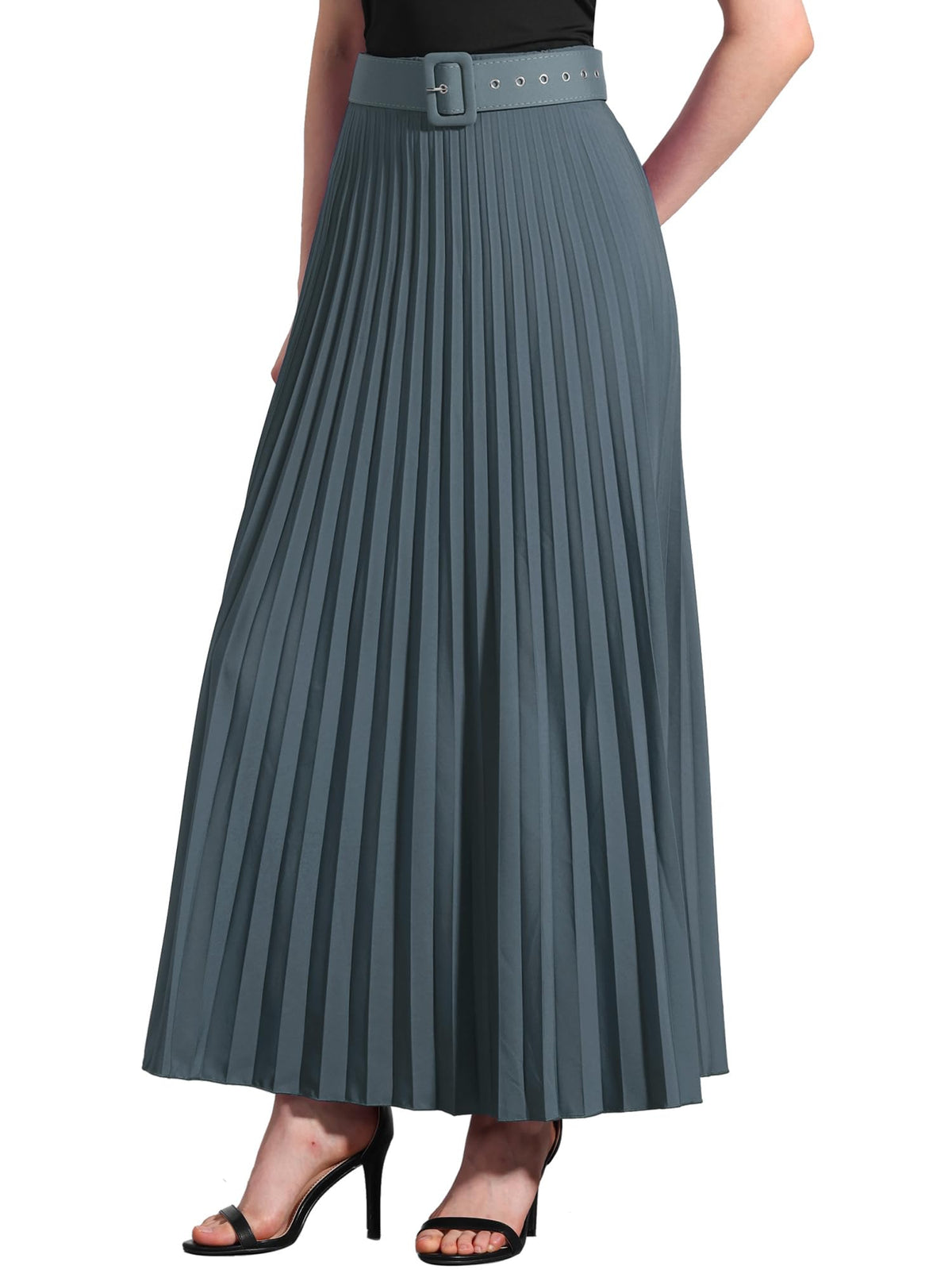 Allegra K Women High Waist Elastic Flowy A-Line Maxi Pleated Skirt