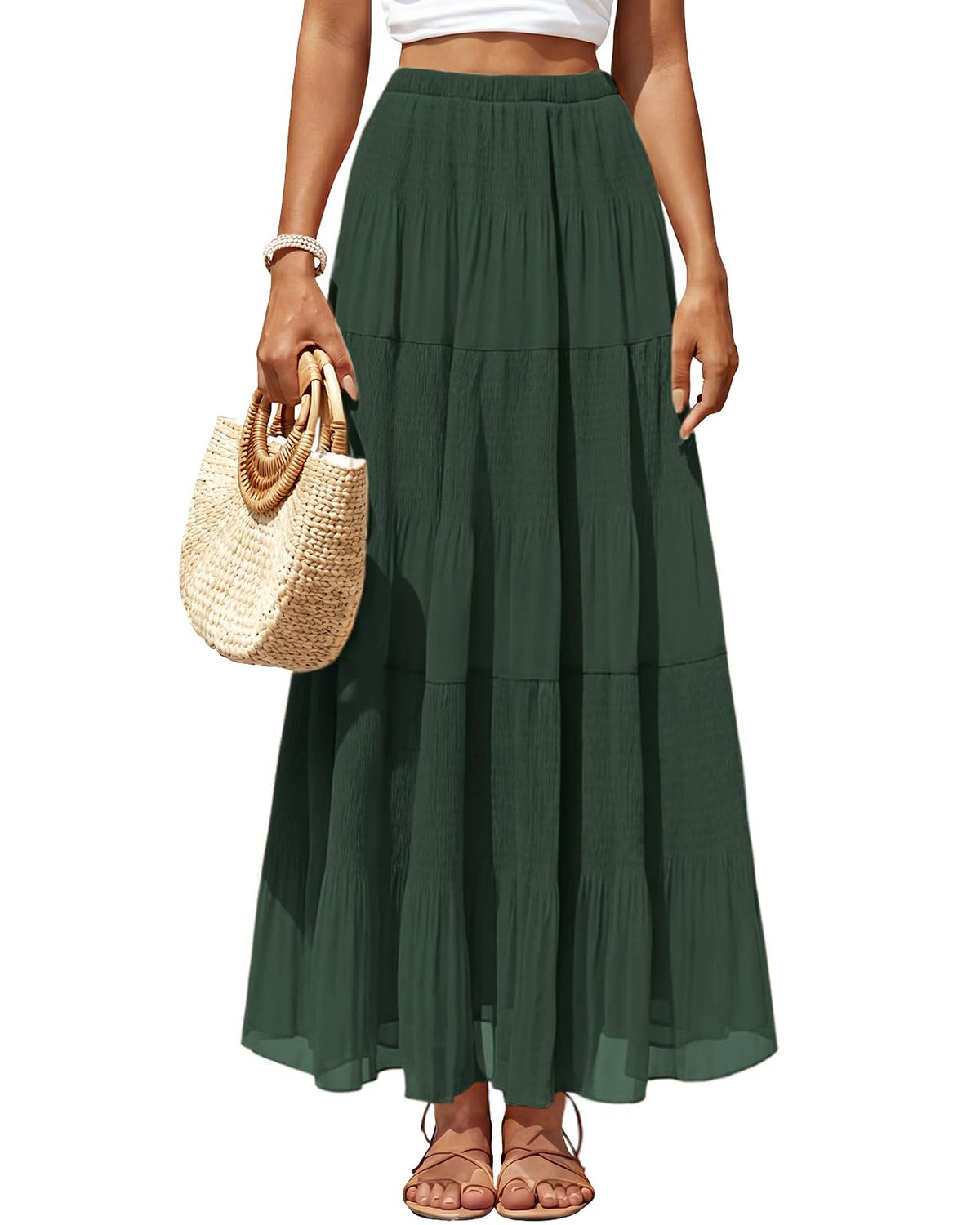 Women's Chiffon Pleated Maxi Skirt High Waist White Long Skirts